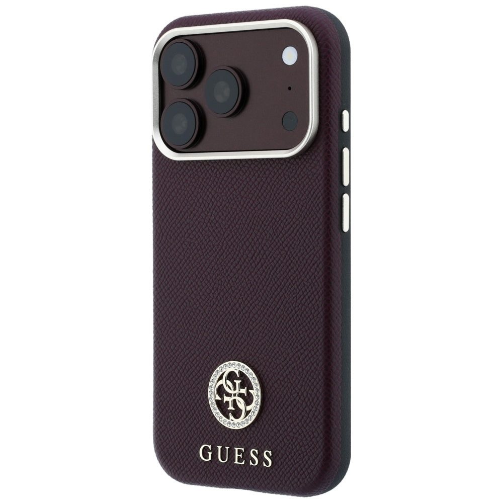 Custodia MagSafe per Apple iPhone 18 Pro / 17 Pro, Guess, Logo Rotondo con Strass Granulato, Vinaccia