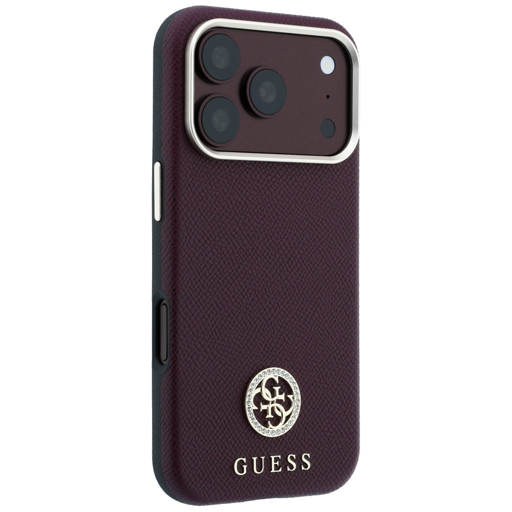 Custodia MagSafe per Apple iPhone 18 Pro / 17 Pro, Guess, Logo Rotondo con Strass Granulato, Vinaccia