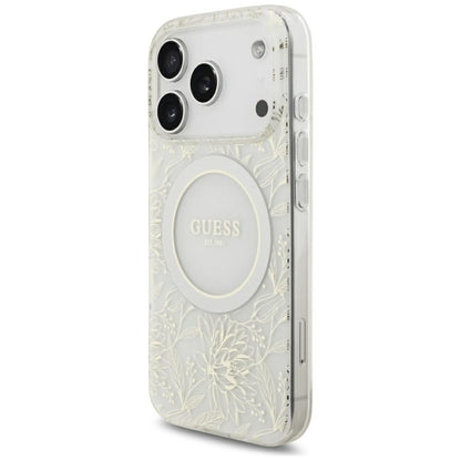 Custodia MagSafe per Apple iPhone 18 Pro / 17 Pro, Guess, IML Flowers Placcata con Cinturino in Perla, Bianca
