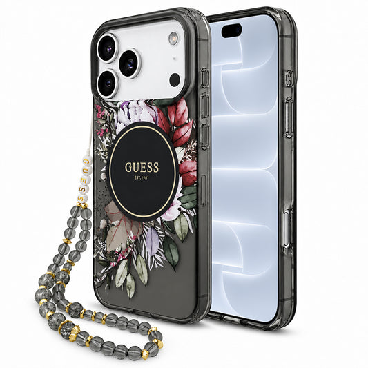 Custodia MagSafe per Apple iPhone 18 Pro / 17 Pro, Guess, IML Flowers with Pearl Strap, nera