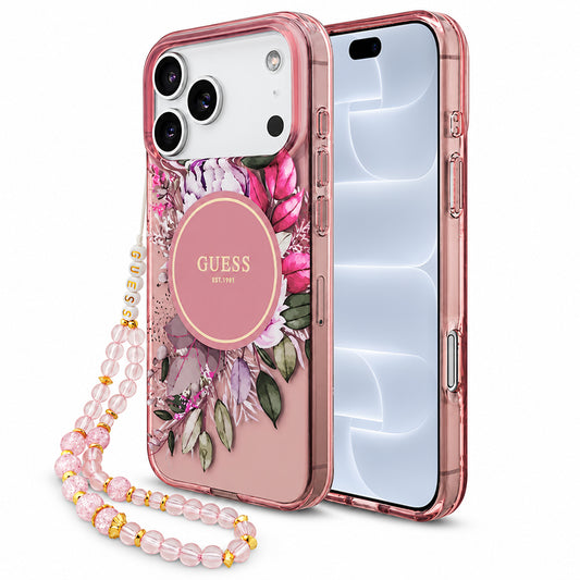 Custodia MagSafe per Apple iPhone 18 Pro / 17 Pro, Guess, IML Flowers with Pearl Strap, rosa
