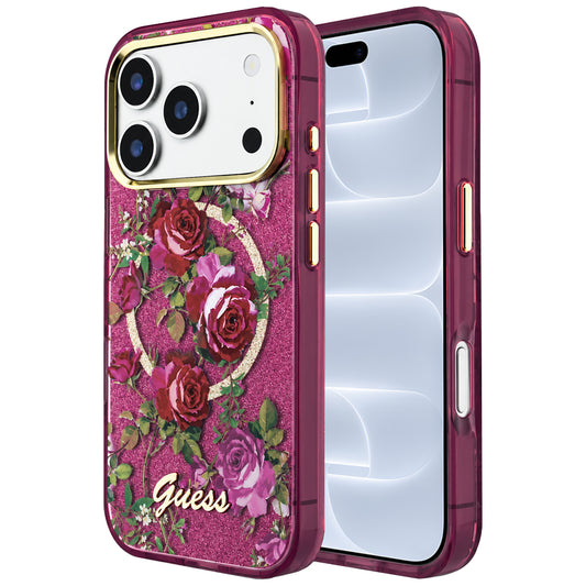 Custodia MagSafe per Apple iPhone 18 Pro / 17 Pro, Guess, IML Glitter Blossom Roses, Vinaccia