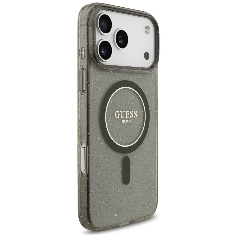 Custodia MagSafe per Apple iPhone 18 Pro / 17 Pro, Guess, IML Glitter with Pearl Strap, nera