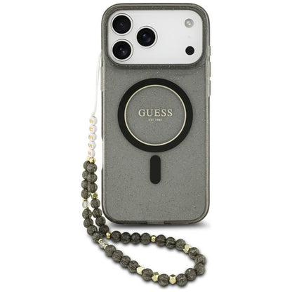 Custodia MagSafe per Apple iPhone 18 Pro / 17 Pro, Guess, IML Glitter with Pearl Strap, nera