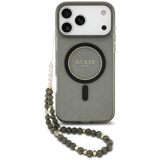 Custodia MagSafe per Apple iPhone 18 Pro / 17 Pro, Guess, IML Glitter with Pearl Strap, nera