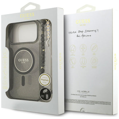 Custodia MagSafe per Apple iPhone 18 Pro / 17 Pro, Guess, IML Glitter with Pearl Strap, nera