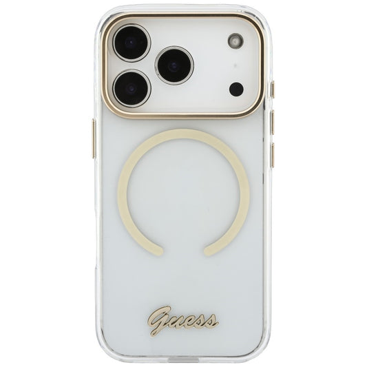 Custodia MagSafe per Apple iPhone 18 Pro / 17 Pro, Guess, IML Script Metal, trasparente