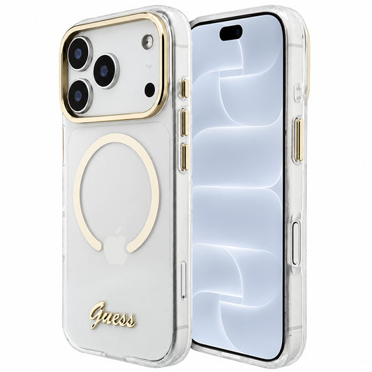 Custodia MagSafe per Apple iPhone 18 Pro / 17 Pro, Guess, IML Script Metal, trasparente