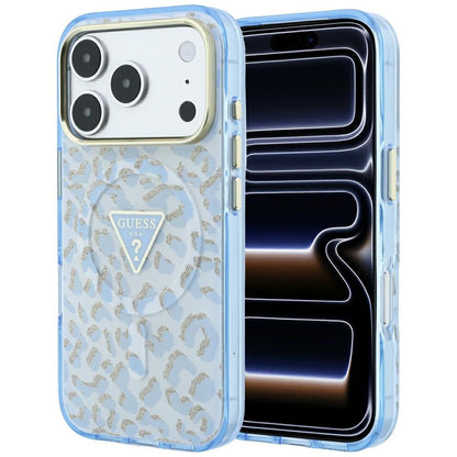 Custodia MagSafe per Apple iPhone 18 Pro / 17 Pro, Guess, Logo Triangolo Glitter Leopardo, Blu