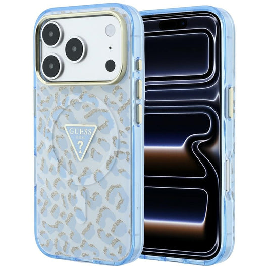 Custodia MagSafe per Apple iPhone 18 Pro / 17 Pro, Guess, Logo Triangolo Glitter Leopardo, Blu