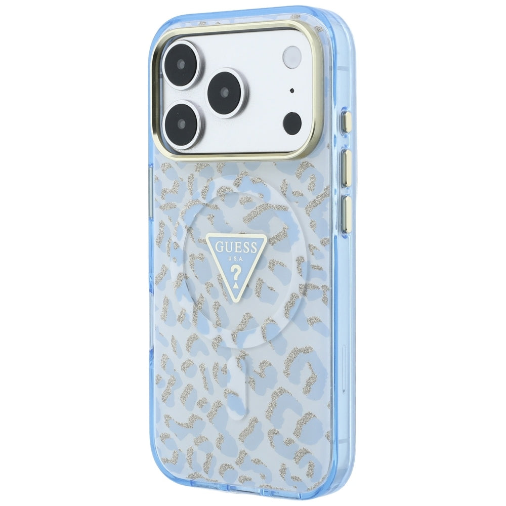 Custodia MagSafe per Apple iPhone 18 Pro / 17 Pro, Guess, Logo Triangolo Glitter Leopardo, Blu