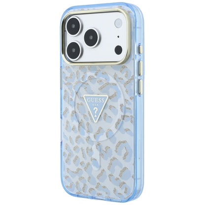 Custodia MagSafe per Apple iPhone 18 Pro / 17 Pro, Guess, Logo Triangolo Glitter Leopardo, Blu