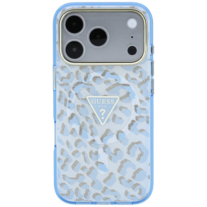Custodia MagSafe per Apple iPhone 18 Pro / 17 Pro, Guess, Logo Triangolo Glitter Leopardo, Blu
