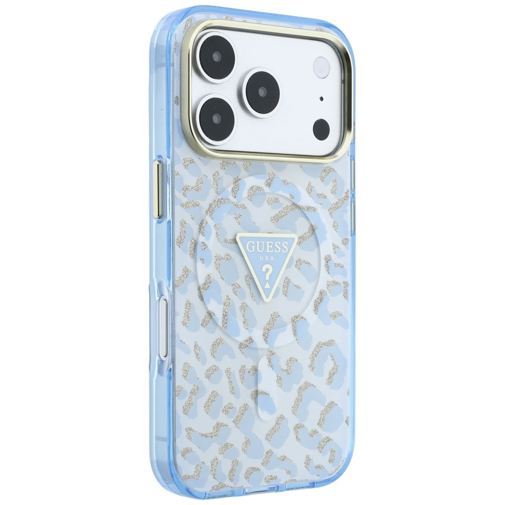 Custodia MagSafe per Apple iPhone 18 Pro / 17 Pro, Guess, Logo Triangolo Glitter Leopardo, Blu