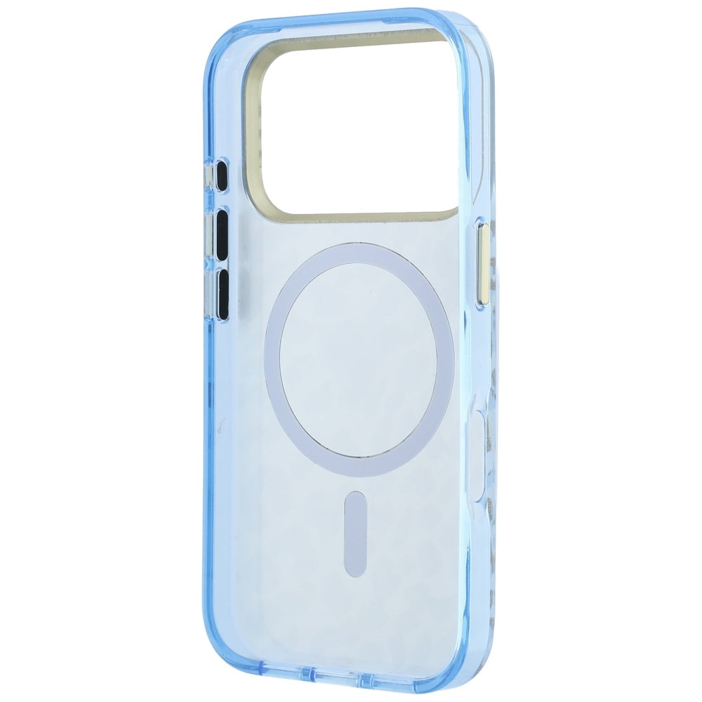 Custodia MagSafe per Apple iPhone 18 Pro / 17 Pro, Guess, Logo Triangolo Glitter Leopardo, Blu
