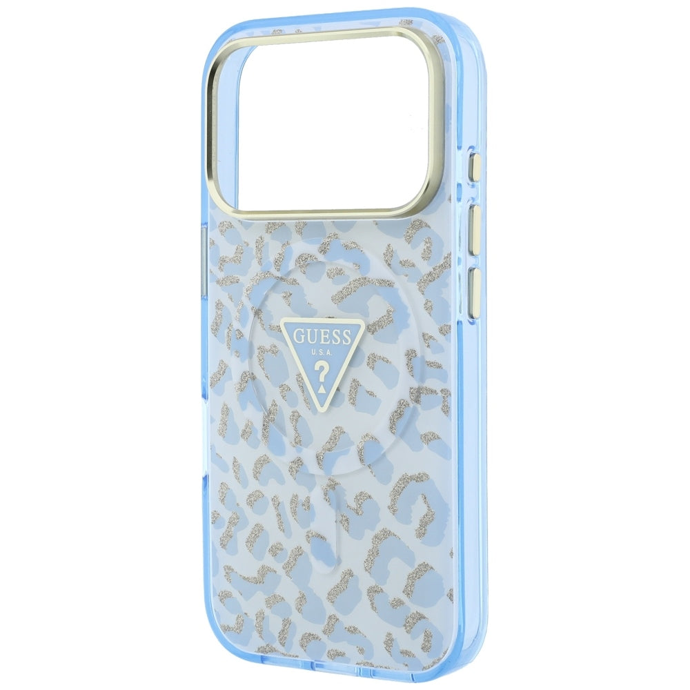 Custodia MagSafe per Apple iPhone 18 Pro / 17 Pro, Guess, Logo Triangolo Glitter Leopardo, Blu