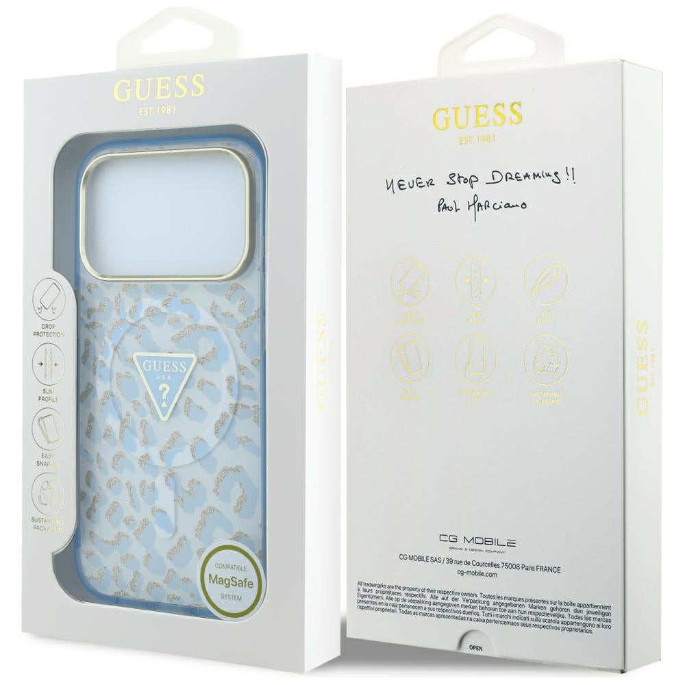 Custodia MagSafe per Apple iPhone 18 Pro / 17 Pro, Guess, Logo Triangolo Glitter Leopardo, Blu