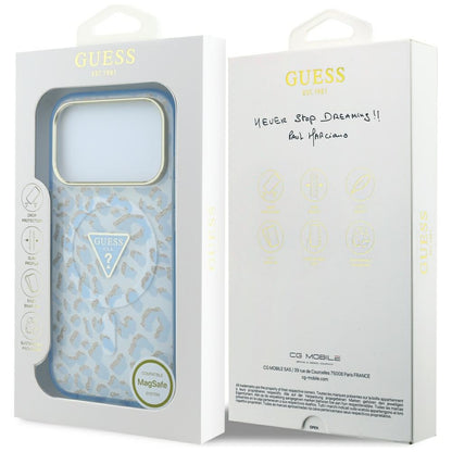 Custodia MagSafe per Apple iPhone 18 Pro / 17 Pro, Guess, Logo Triangolo Glitter Leopardo, Blu