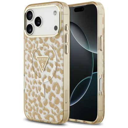 Custodia MagSafe per Apple iPhone 18 Pro / 17 Pro, Guess, Logo Triangolo Leopardo Glitter, Marrone