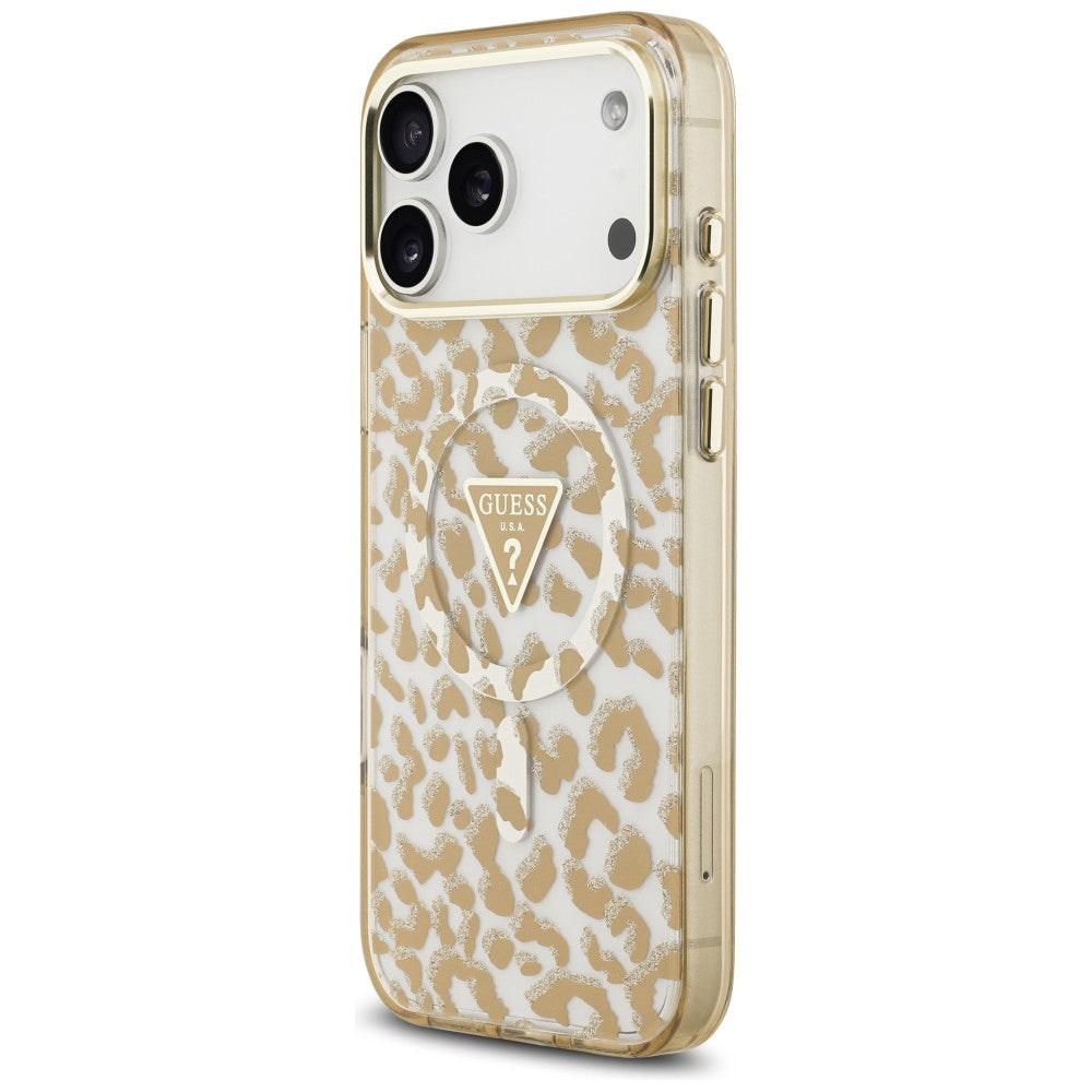 Custodia MagSafe per Apple iPhone 18 Pro / 17 Pro, Guess, Logo Triangolo Leopardo Glitter, Marrone
