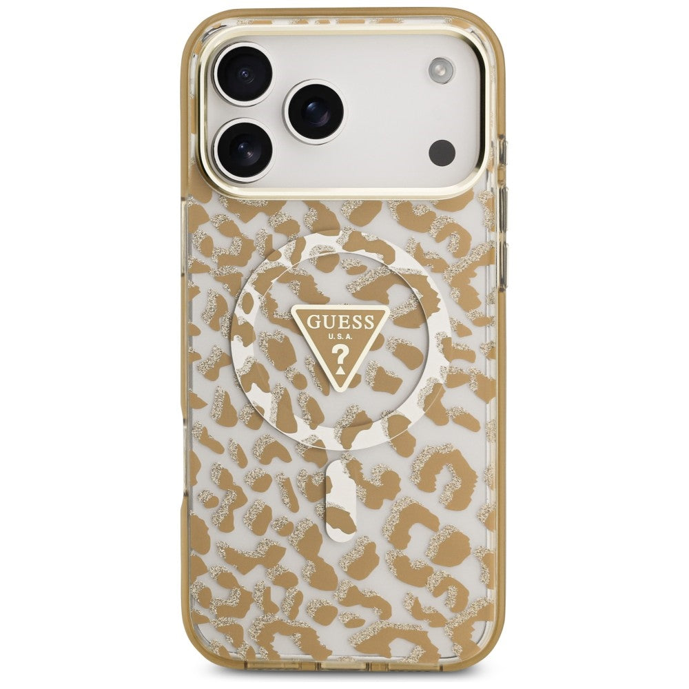 Custodia MagSafe per Apple iPhone 18 Pro / 17 Pro, Guess, Logo Triangolo Leopardo Glitter, Marrone