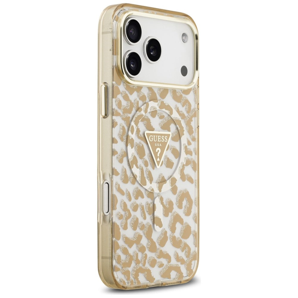 Custodia MagSafe per Apple iPhone 18 Pro / 17 Pro, Guess, Logo Triangolo Leopardo Glitter, Marrone