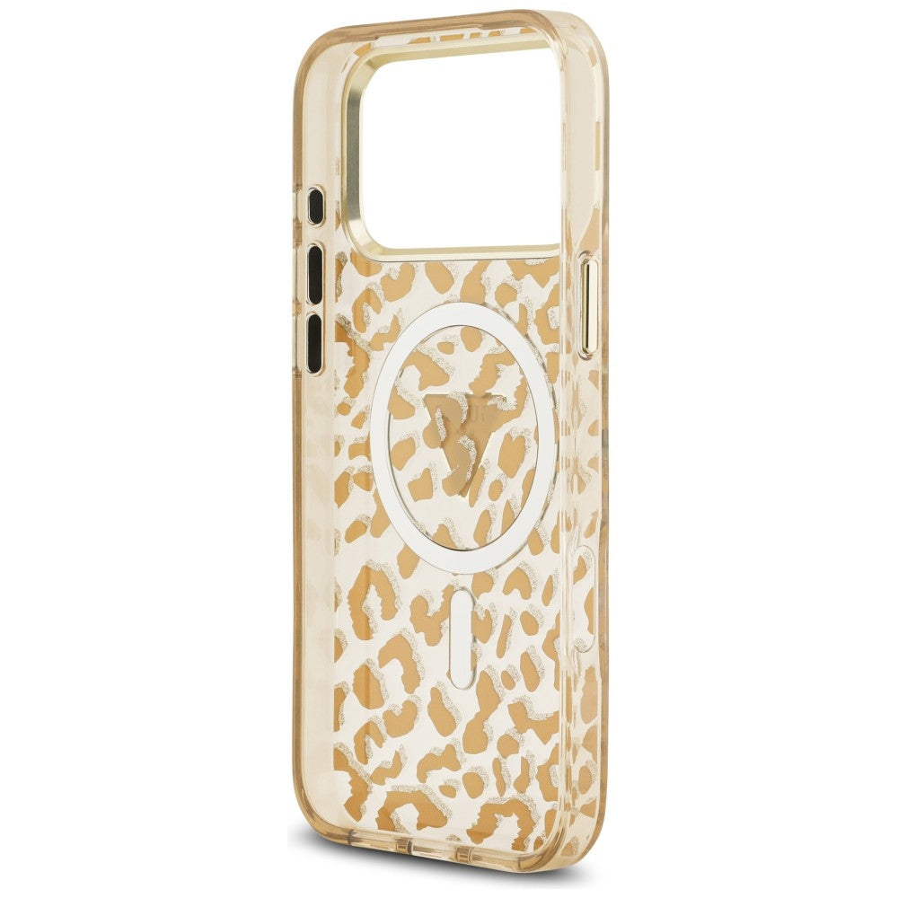 Custodia MagSafe per Apple iPhone 18 Pro / 17 Pro, Guess, Logo Triangolo Leopardo Glitter, Marrone