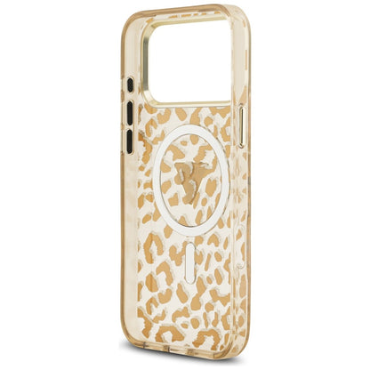 Custodia MagSafe per Apple iPhone 18 Pro / 17 Pro, Guess, Logo Triangolo Leopardo Glitter, Marrone