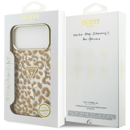 Custodia MagSafe per Apple iPhone 18 Pro / 17 Pro, Guess, Logo Triangolo Leopardo Glitter, Marrone