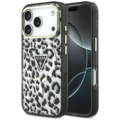 Custodia MagSafe per Apple iPhone 18 Pro / 17 Pro, Guess, Logo Triangolo Glitter Leopardo, Nera