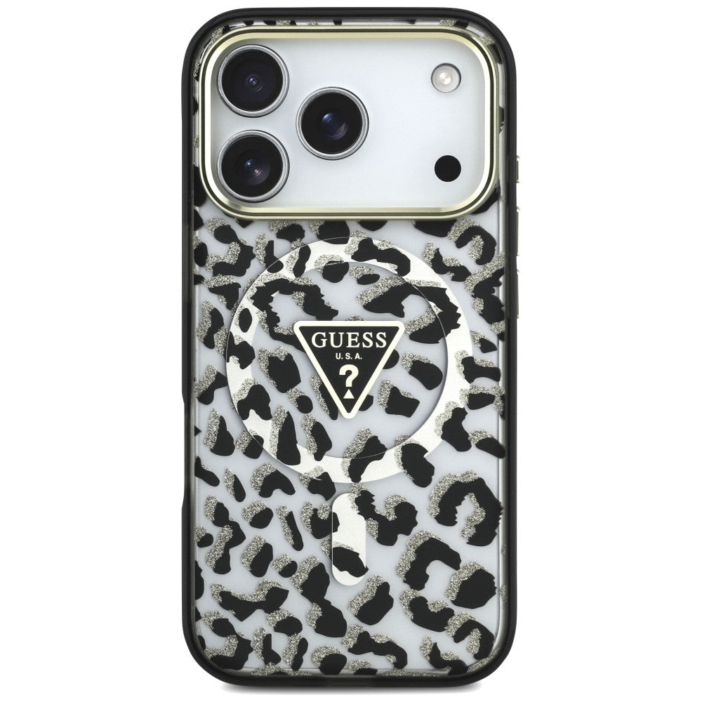 Custodia MagSafe per Apple iPhone 18 Pro / 17 Pro, Guess, Logo Triangolo Glitter Leopardo, Nera
