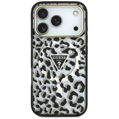 Custodia MagSafe per Apple iPhone 18 Pro / 17 Pro, Guess, Logo Triangolo Glitter Leopardo, Nera