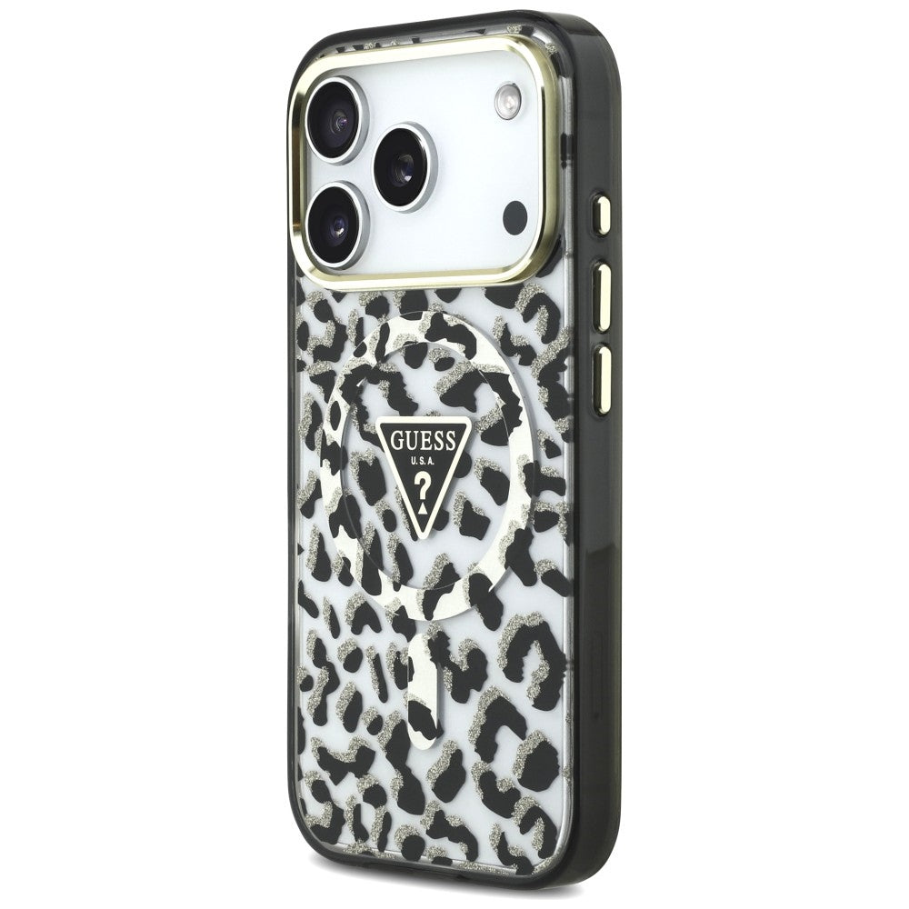 Custodia MagSafe per Apple iPhone 18 Pro / 17 Pro, Guess, Logo Triangolo Glitter Leopardo, Nera