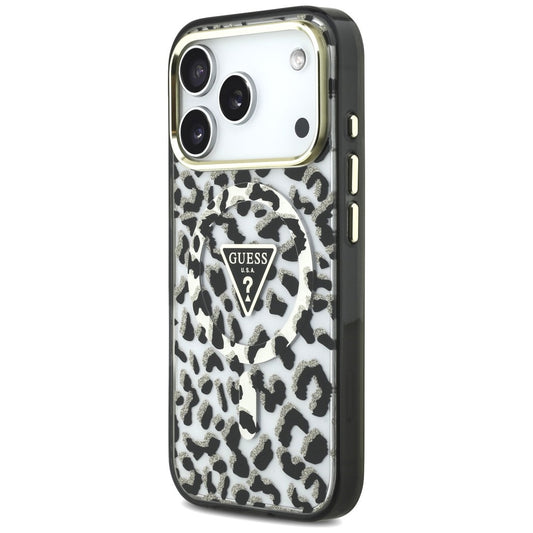 Custodia MagSafe per Apple iPhone 18 Pro / 17 Pro, Guess, Logo Triangolo Glitter Leopardo, Nera