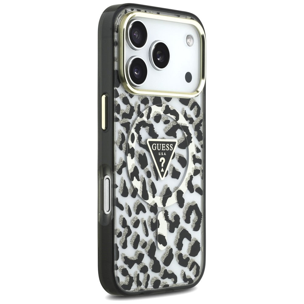 Custodia MagSafe per Apple iPhone 18 Pro / 17 Pro, Guess, Logo Triangolo Glitter Leopardo, Nera