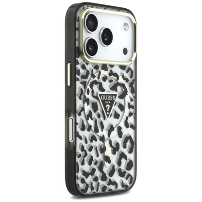 Custodia MagSafe per Apple iPhone 18 Pro / 17 Pro, Guess, Logo Triangolo Glitter Leopardo, Nera