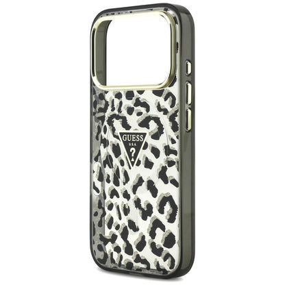 Custodia MagSafe per Apple iPhone 18 Pro / 17 Pro, Guess, Logo Triangolo Glitter Leopardo, Nera