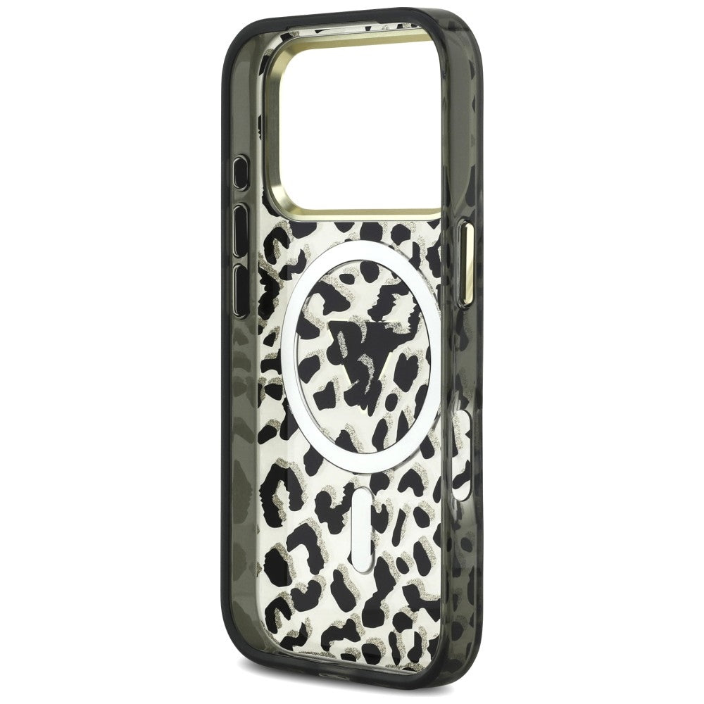 Custodia MagSafe per Apple iPhone 18 Pro / 17 Pro, Guess, Logo Triangolo Glitter Leopardo, Nera