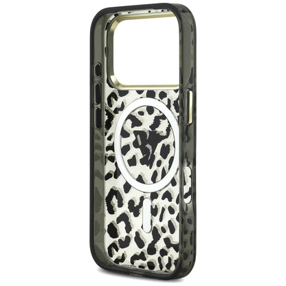 Custodia MagSafe per Apple iPhone 18 Pro / 17 Pro, Guess, Logo Triangolo Glitter Leopardo, Nera