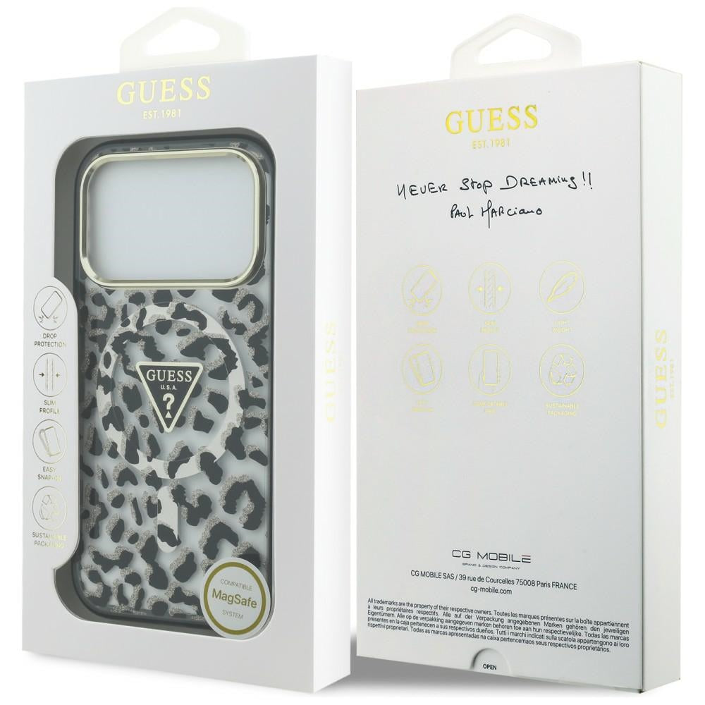 Custodia MagSafe per Apple iPhone 18 Pro / 17 Pro, Guess, Logo Triangolo Glitter Leopardo, Nera
