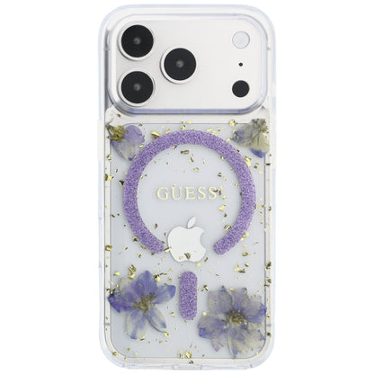 MagSafe Case for Apple iPhone 18 Pro / 17 Pro, Guess, Resin Flowers and Glitter, Purple