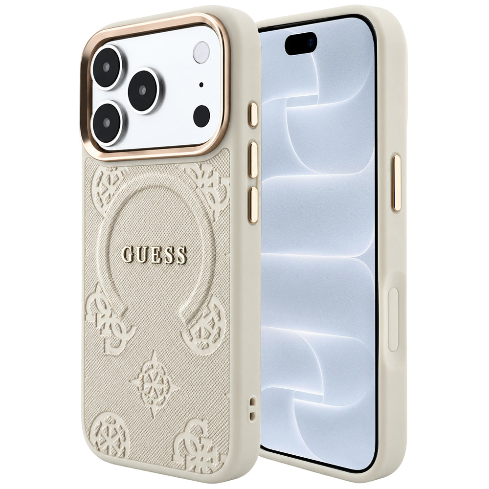 Custodia MagSafe per Apple iPhone 18 Pro / 17 Pro, Guess, Saffiano Peony Ring, Beige