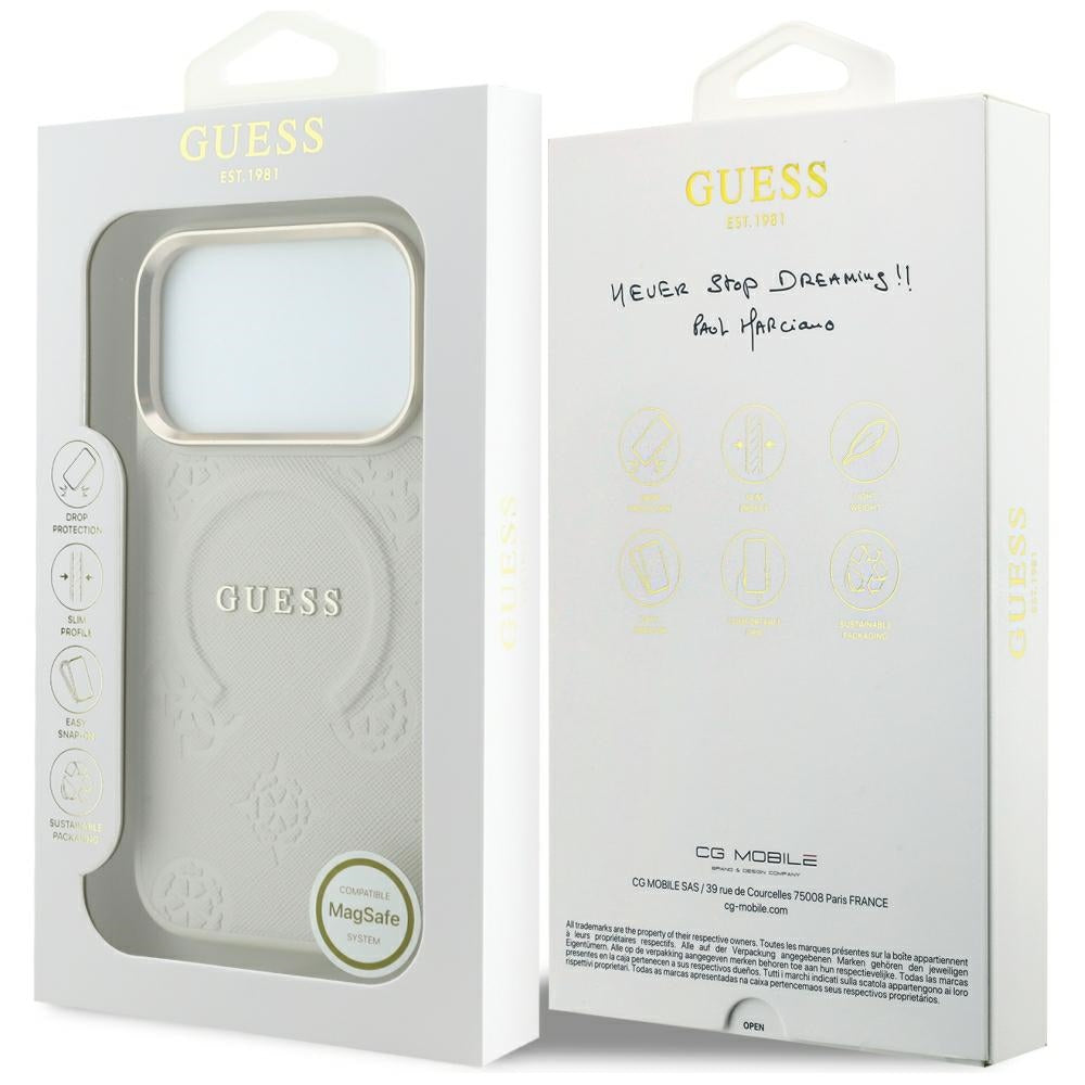 Custodia MagSafe per Apple iPhone 18 Pro / 17 Pro, Guess, Saffiano Peony Ring, Beige