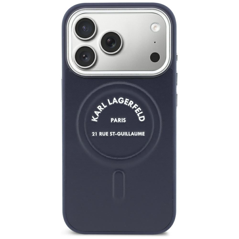 Custodia MagSafe per Apple iPhone 18 Pro / 17 Pro, Karl Lagerfeld, Embossed Open Ring RSG Logo, blu.