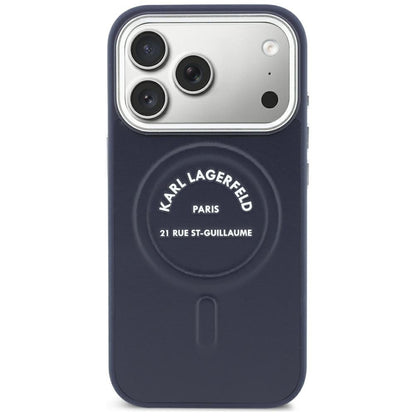 Custodia MagSafe per Apple iPhone 18 Pro / 17 Pro, Karl Lagerfeld, Embossed Open Ring RSG Logo, blu.