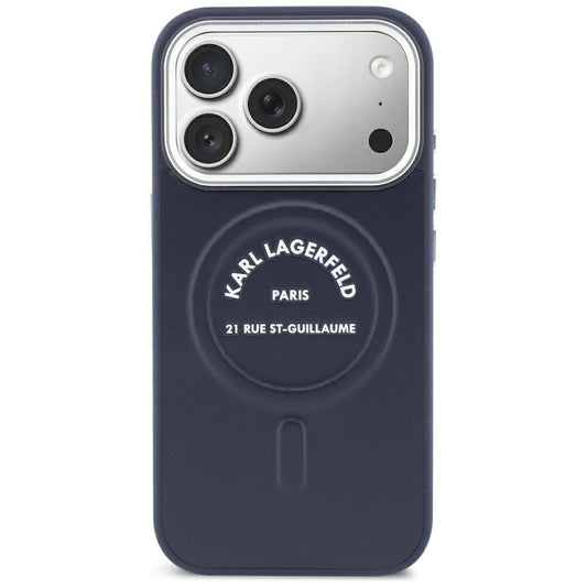 Custodia MagSafe per Apple iPhone 18 Pro / 17 Pro, Karl Lagerfeld, Embossed Open Ring RSG Logo, blu.