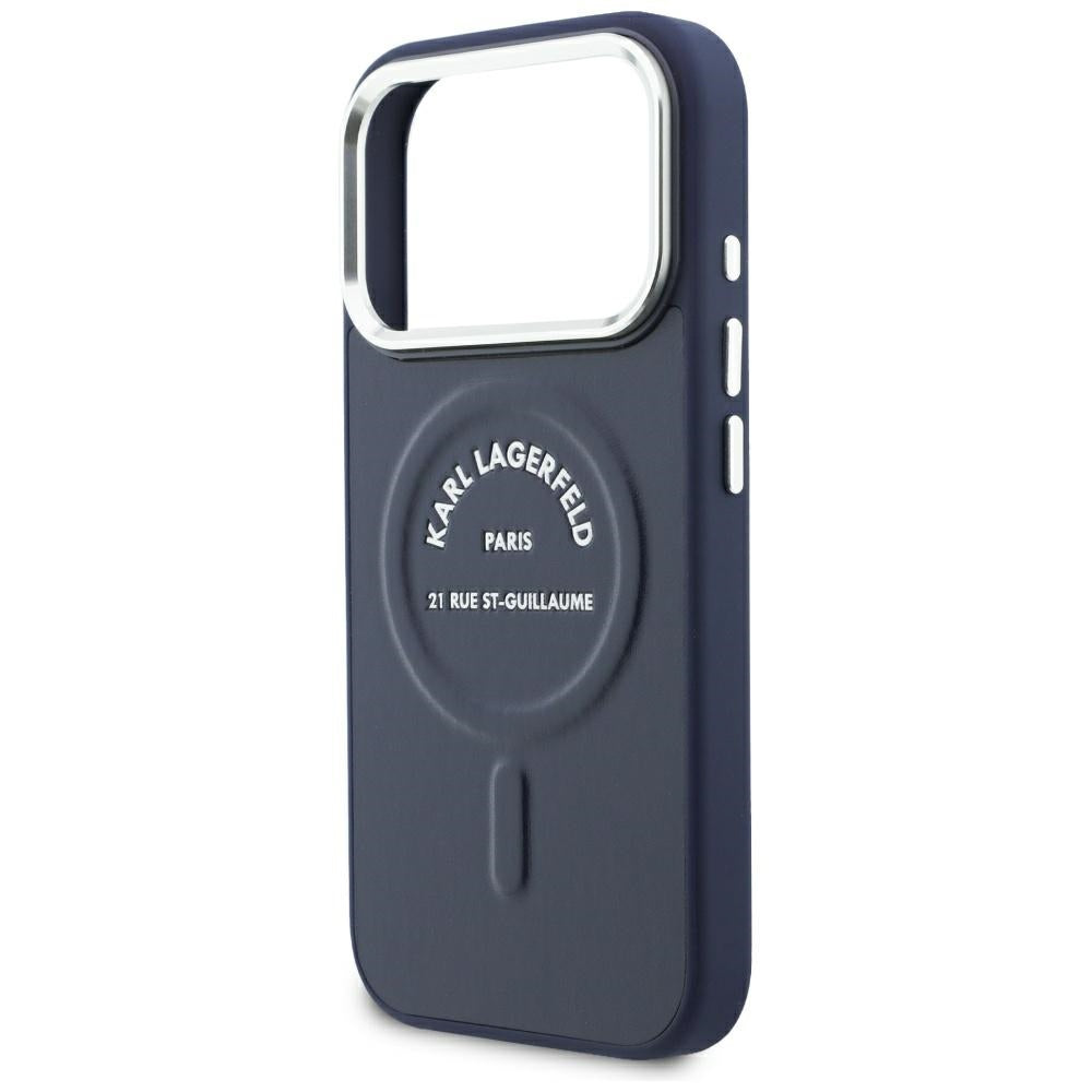 Custodia MagSafe per Apple iPhone 18 Pro / 17 Pro, Karl Lagerfeld, Embossed Open Ring RSG Logo, blu.