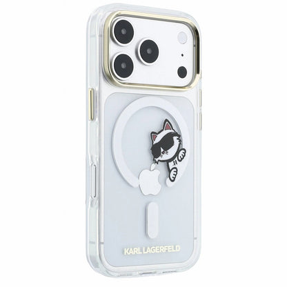 Custodia MagSafe per Apple iPhone 18 Pro / 17 Pro, Karl Lagerfeld, IML Peekaboo Print e Cornice Metallica, Trasparente