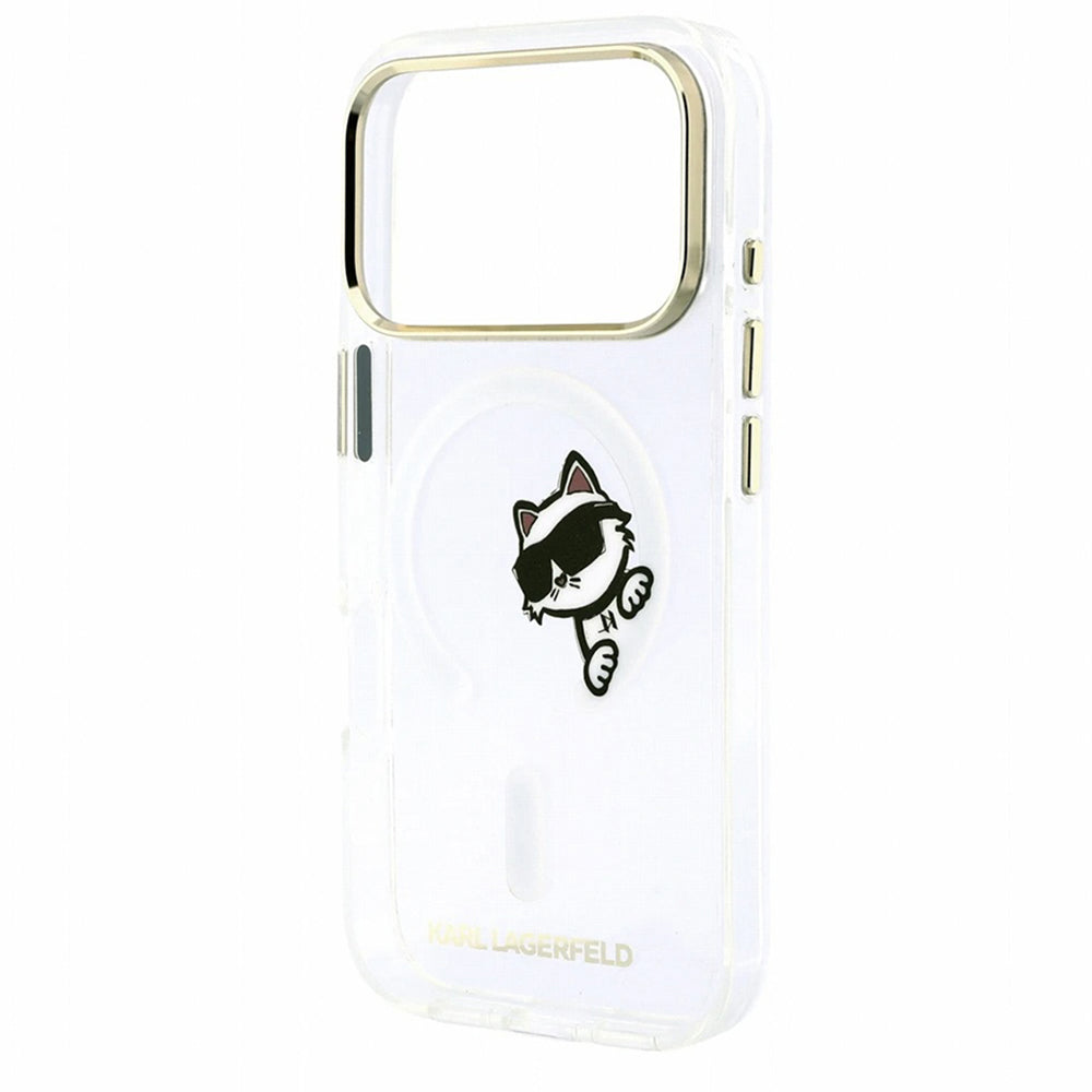 Custodia MagSafe per Apple iPhone 18 Pro / 17 Pro, Karl Lagerfeld, IML Peekaboo Print e Cornice Metallica, Trasparente