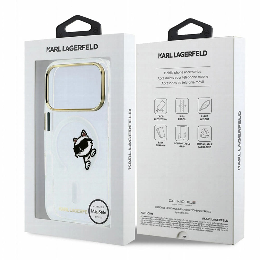 Custodia MagSafe per Apple iPhone 18 Pro / 17 Pro, Karl Lagerfeld, IML Peekaboo Print e Cornice Metallica, Trasparente